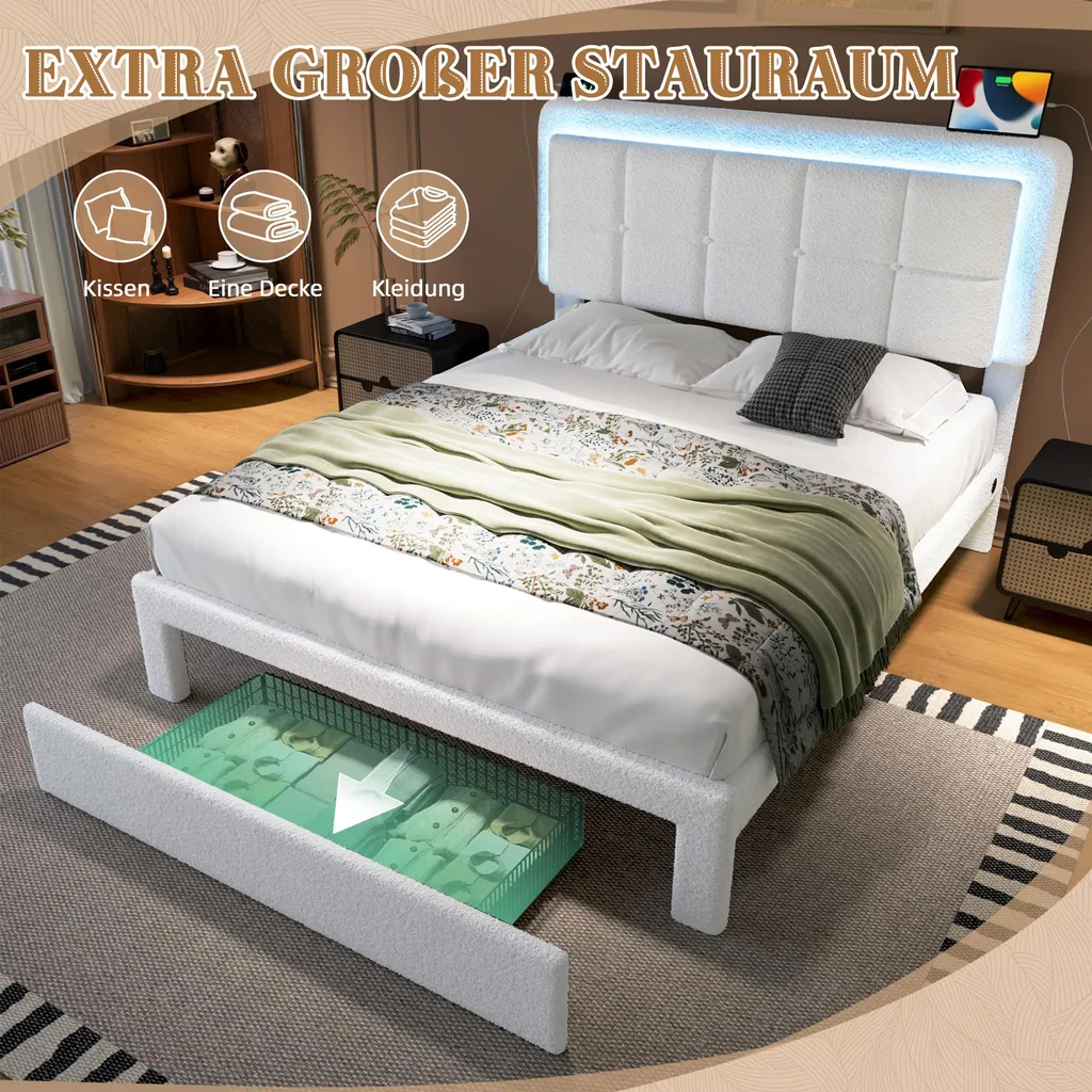 Lit 160x200cm robuste anti-grincement avec tête réglable et USB LED - 9