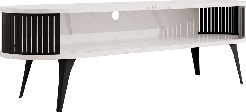 MIRJAN24 TV-Lowboard Roenni Oval, Wohnzimmer TV-Schrank, TV-Tisch, Füße und Seiten aus Stahl (Farbe: Schwarz / Bianco Marmor)