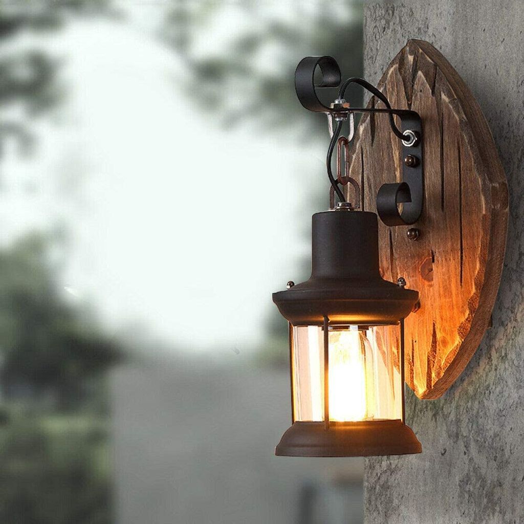 Antik Industriell Holz Wandleuchte Vintage Lampe Wandleuchter Retro Licht E27