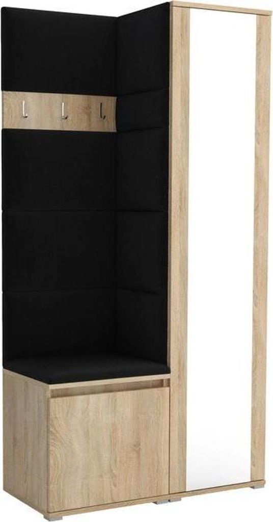 Garderoben-Set Noris VI mit Spiegel, gepolsterte Garderobe 95 cm, kompakte Flurmöbel mit Wandpaneelen, Haken und Stauraum (Farbe: Sonoma Eiche + T...