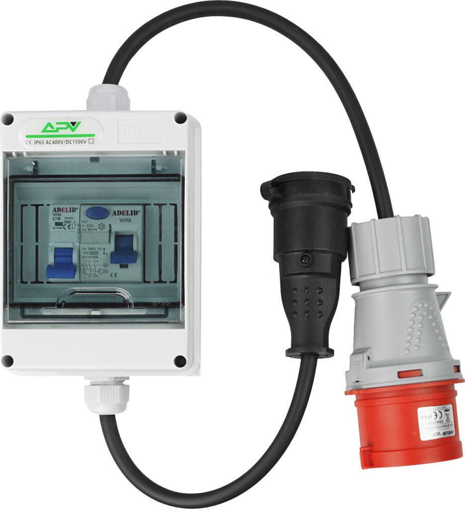 CEE Adapter CEE Stecker 16A auf 230V Schuko Kupplung mit LS Schalter + FI Schalter