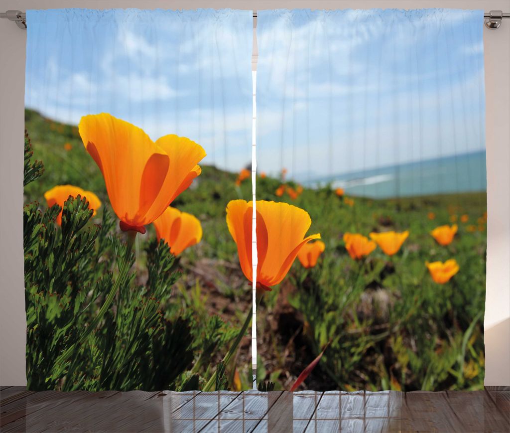 ABAKUHAUS Big Sur Rustikaler Gardine, Mohnblumenfeld, Wohnzimmer Universalband Gardinen mit Schlaufen und Haken, 280 x 225 cm, Orange Olivgrün