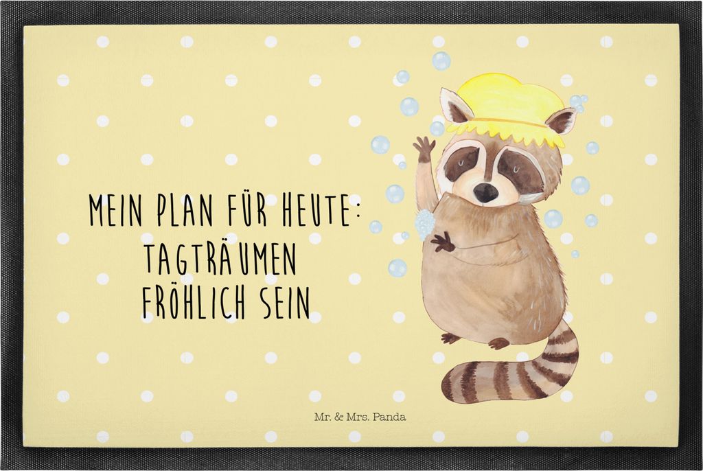 Mr. & Mrs. Panda fußmatte Waschbär 40 x 60 cm - Gelb Pastell - Geschenk, Fußabstreifer, Fröhlich, Tagträumen, Seifenblasen, Sauberlaufmatte, S...