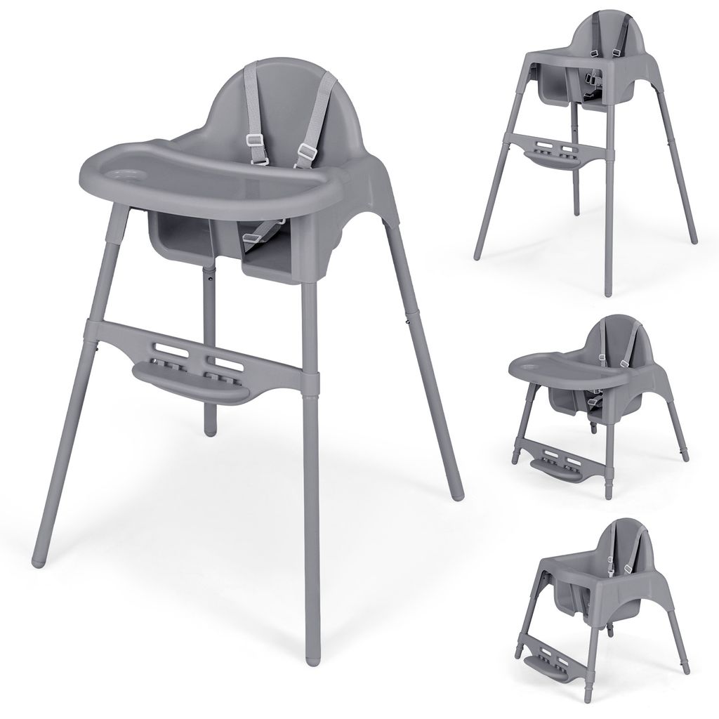 COSTWAY Hochstuhl 4-in-1 umwandelbarer Kinder-Essstuhl/Bodenstuhl mit Sicherheitsgurt, verstellbarem Tablett und Fußstütze Grau