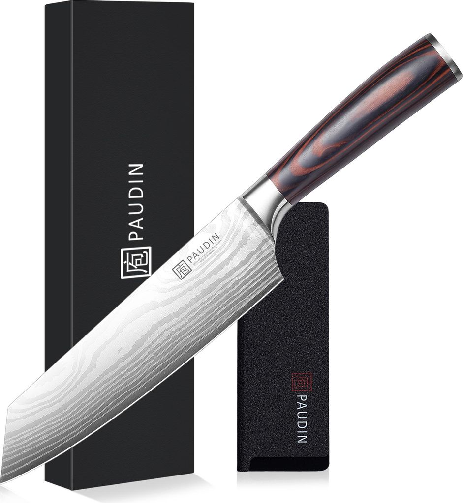 PAUDIN N18 Kiri-Tsuke 20 cm - Professionelles Kochmesser - Damastmuster - Inklusive Messerschutz