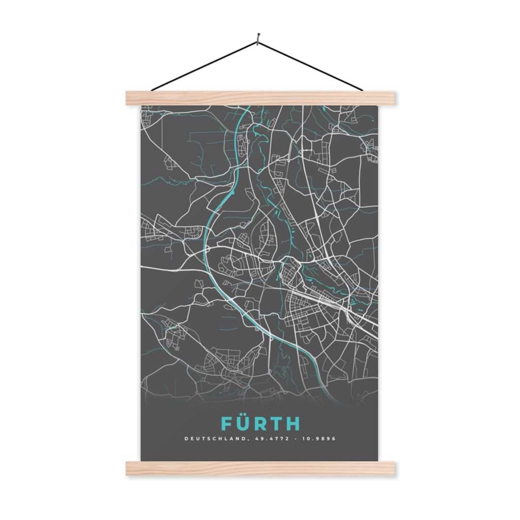 MuchoWow Textilposter Stadtplan - Karte - Fürth - Blau - Deutschland - Karte 40x60 cm mit holzfarbenen Rahmen - Poster