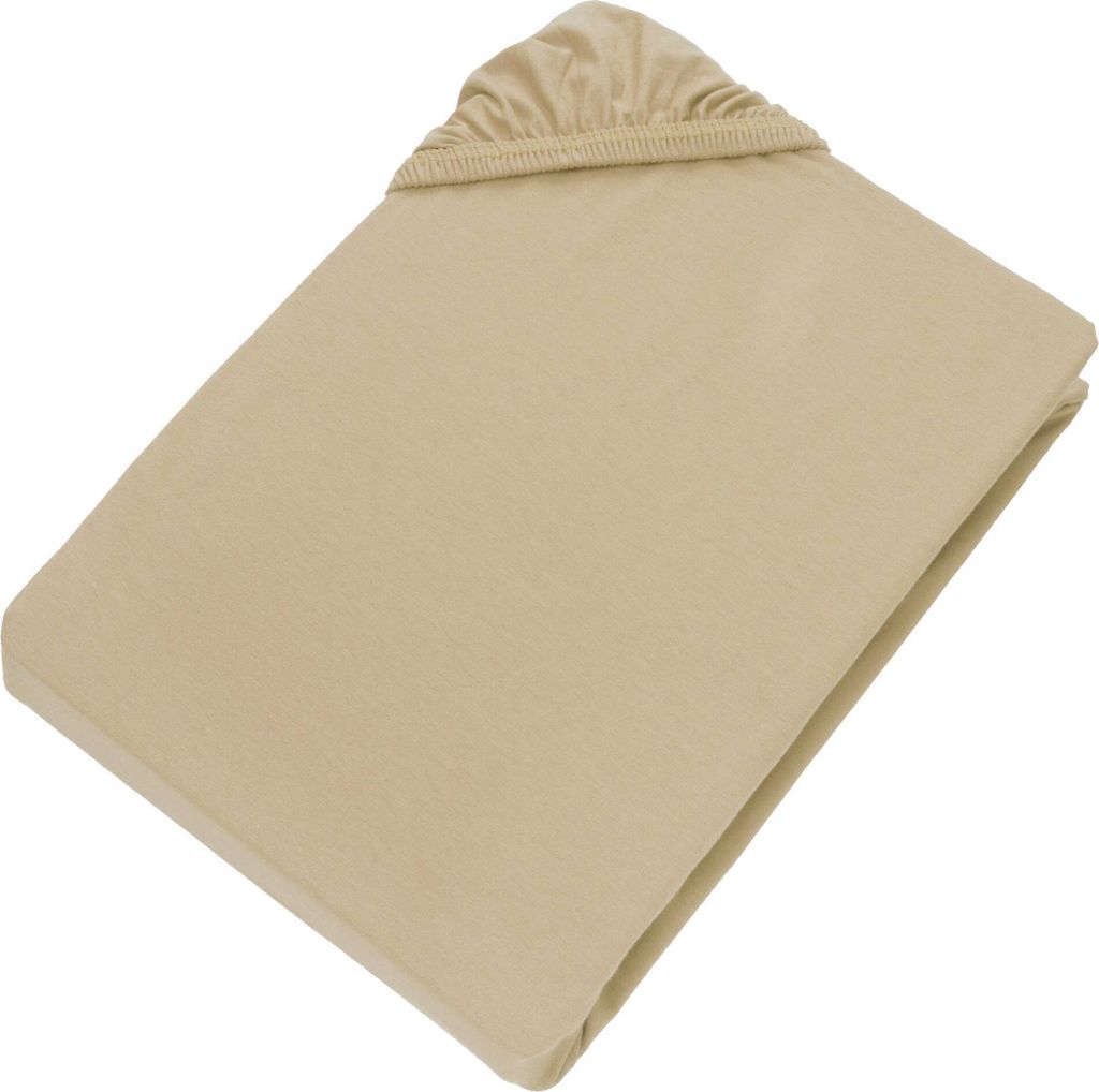 A folded beige fitted sheet is shown against a white background.