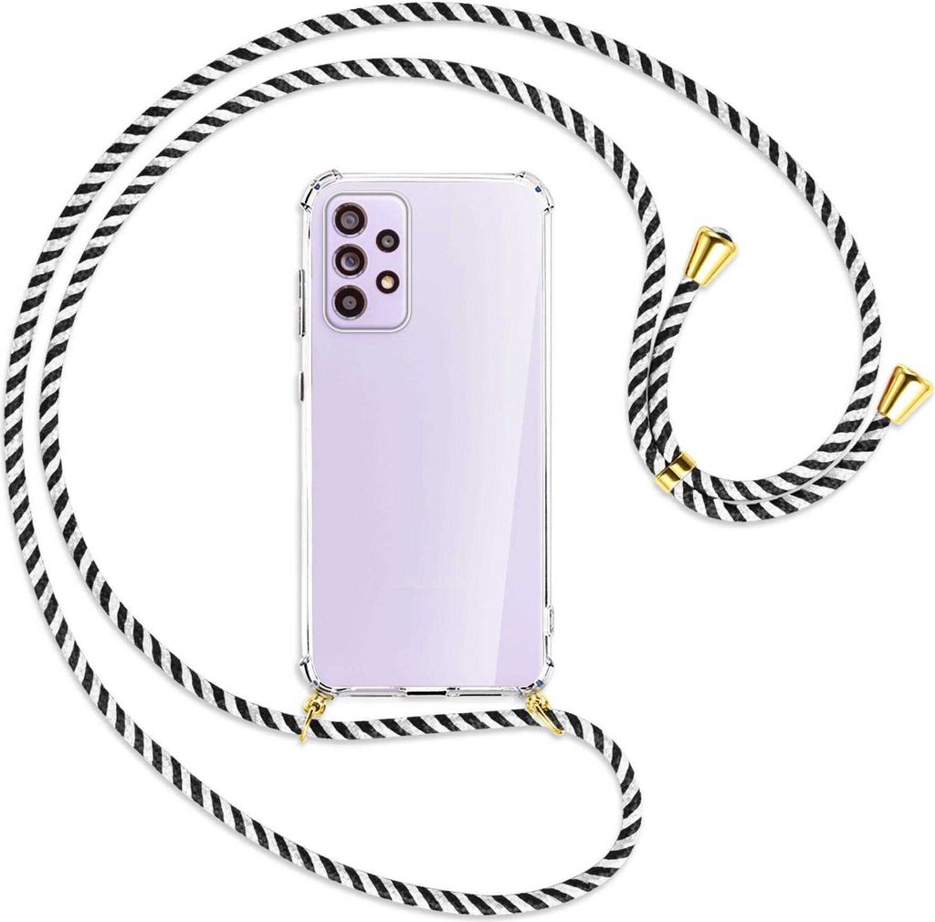 Handykette Backcover-Schutzhülle mit Band (Metall goldfarben) für Samsung Galaxy A33 5G - schwarz/weiß gestreift