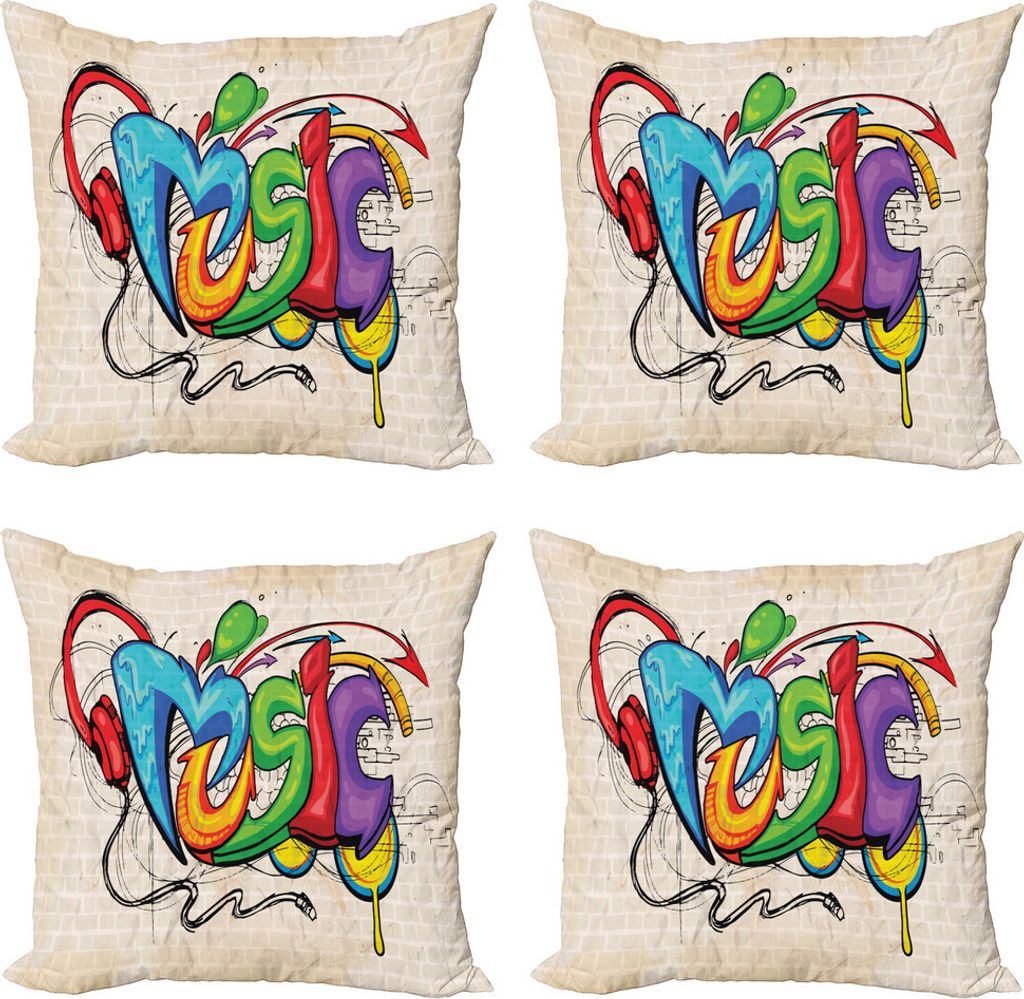 ABAKUHAUS Musik Kissenbezug Set (4 Stück), Musik Graffiti Hip Hop, Moderner Doppelseitiger Digitaldruck, 40 cm x 40 cm, Mehrfarbig