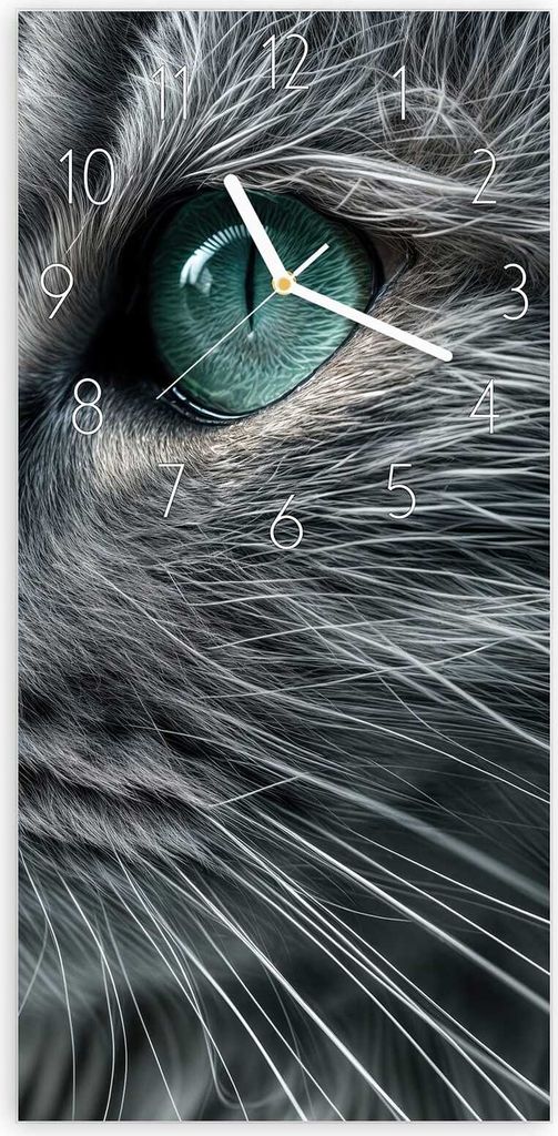 Wanduhr aus Glas mit Motiv Nahaufnahme Katze- 30 x 60 cm - inkl. Aufhängesystem