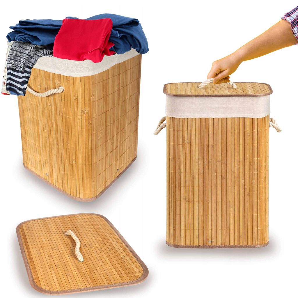 SEPIO Wäschekorb aus Bambus Gefertigt 72 L, Wäschesammler, Wäschekorb Faltbar, Laundry Basket, Wäschetonne mit Deckel 60x40x30 cm