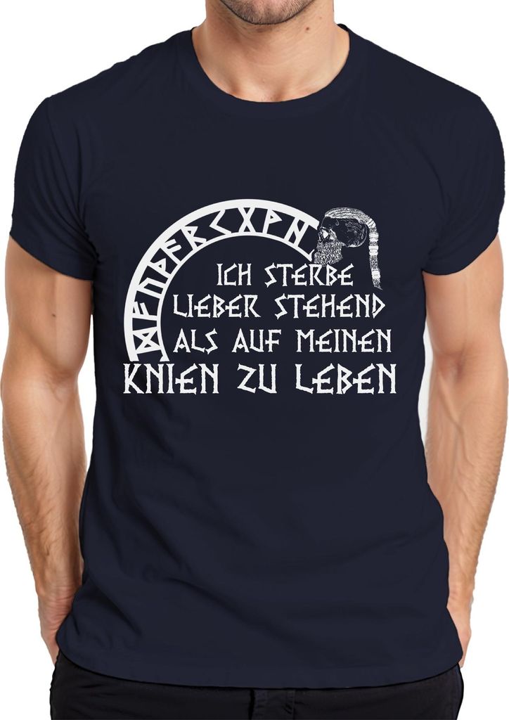 Stehend sterben als kniend leben Wikinger Totenkopf Runen Ragnar Herren T-Shirt, Navy, S