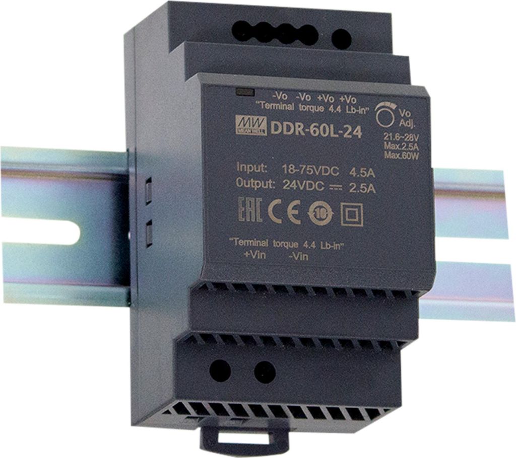 MEANWELL DDR-60G-5, Hutschienen-DC DC-Wandler, 9-36V:5V 10,8A 54W