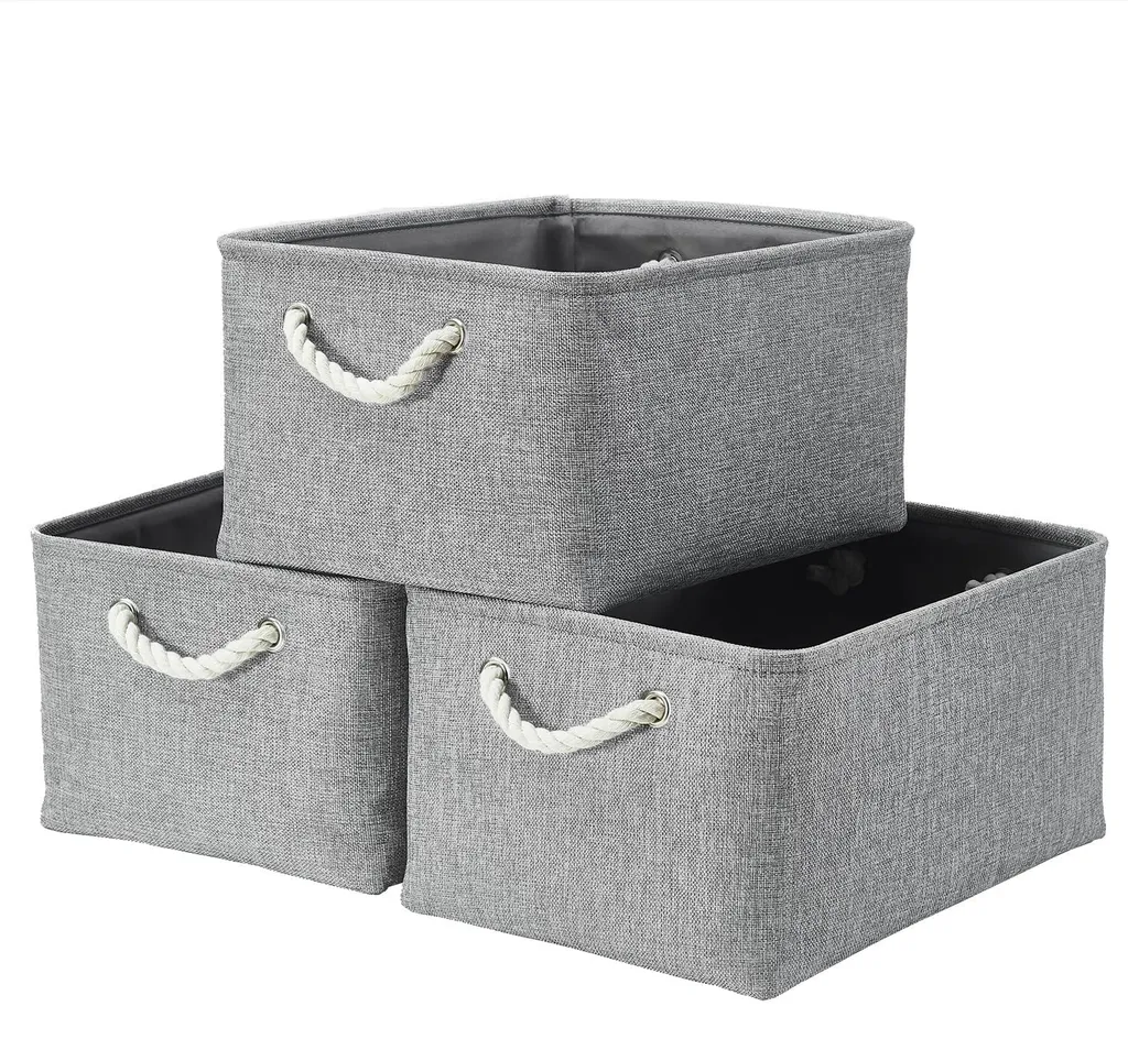 Lot de 3 Boîtes de Rangement en Tissu Gris Pliables avec Poignées 30cm