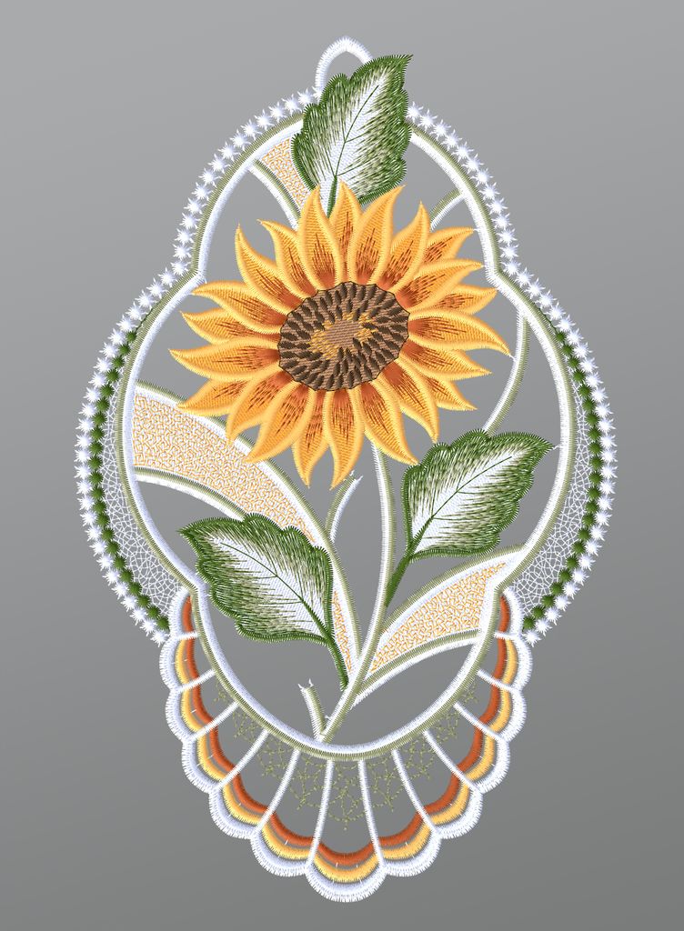 Fensterbild aus Plauener Spitze - Sonnenblume im Zierrahmen (Bx H) 19cm * 30cm mehrfarbig Fensterdekoration Fensterschmuck