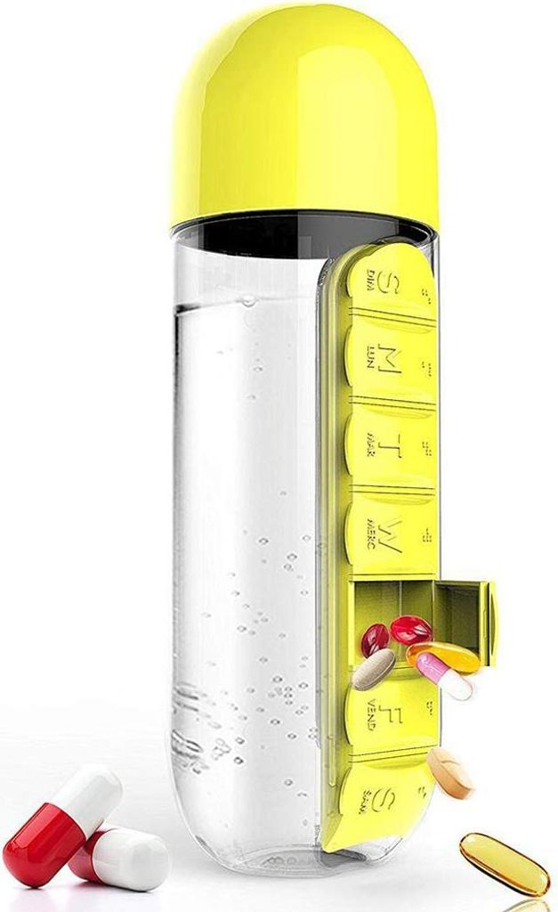 600-ml-Wasserflasche mit Pillenbox-Organizer, 2-in-1-tragbare 7-Tage-Planerbox, Reisemedikamentenbehälter