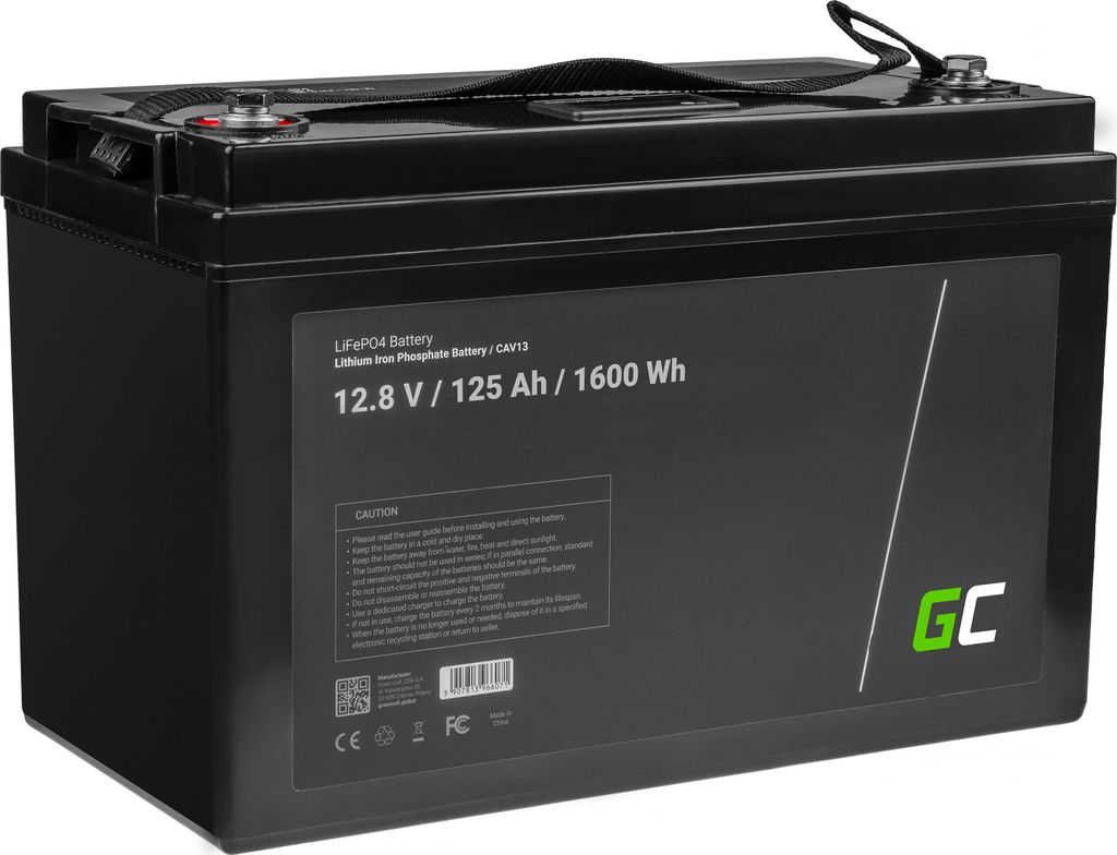 Green Cell LiFePO4 Akku (125Ah 12.8V 1600Wh) Lithium-Eisen-Phosphat Batterie 12V Photovoltaikanlage BMS für Reisemobil Wohnmobil Caravan Boat Bo...