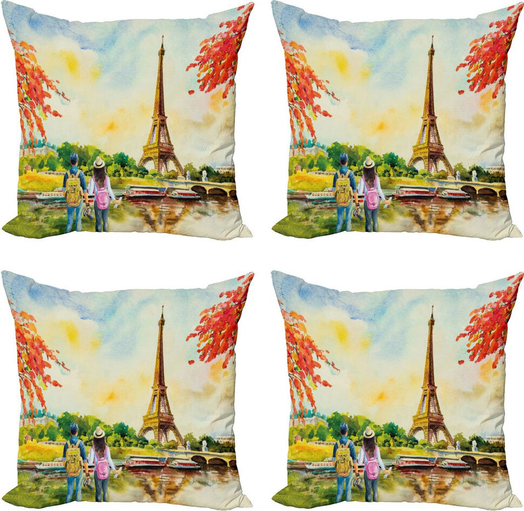 ABAKUHAUS Reise Kissenbezug Set (4 Stück), Paar vor dem Eiffelturm, Moderner Doppelseitiger Digitaldruck, 60 cm x 60 cm, Mehrfarbig