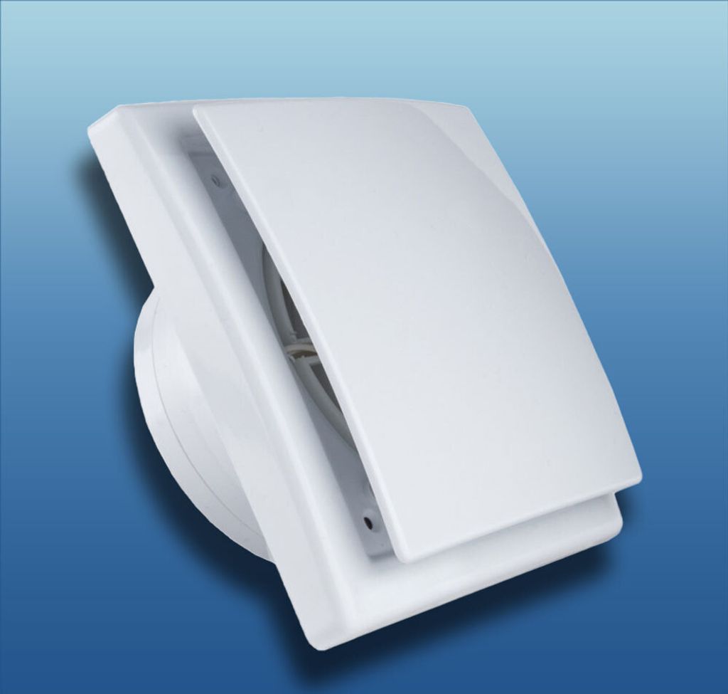 A white bathroom exhaust fan with a closed flap is shown against a blue gradient background.