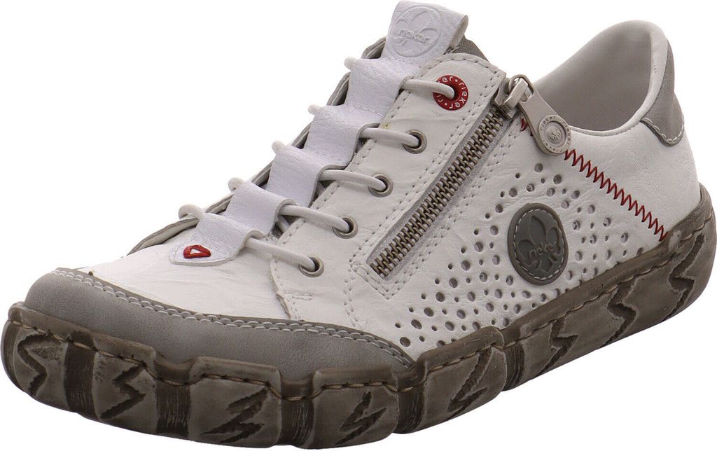 A single white and gray Rieker women's sneaker is shown from a three-quarter side view against a white background.