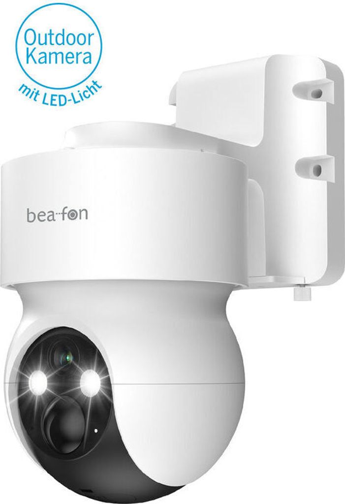 A white outdoor security camera with LED lights is mounted on a white bracket against a white background.