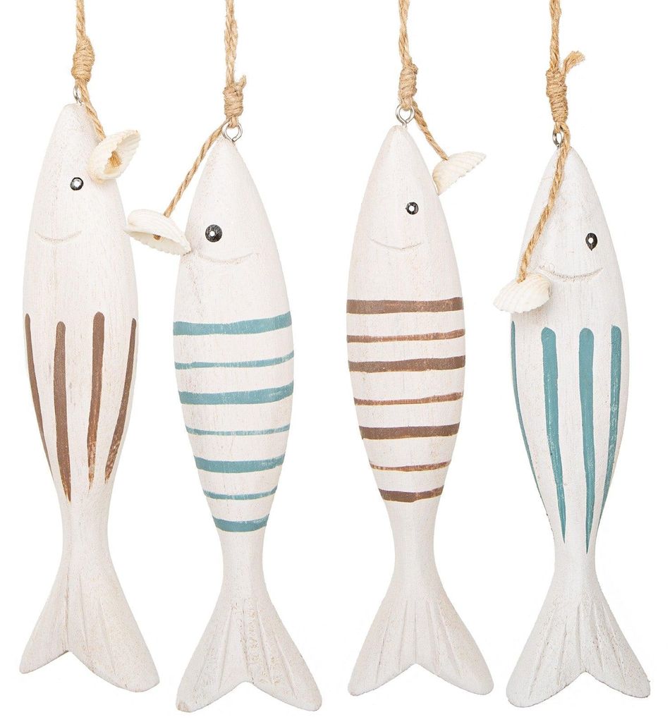 Logbuch-Verlag 4 große Holzfische Fische mit Schnur zum Aufhängen Maritime Dekoration Fischernetz Badezimmer Deko blau weiß 18 cm