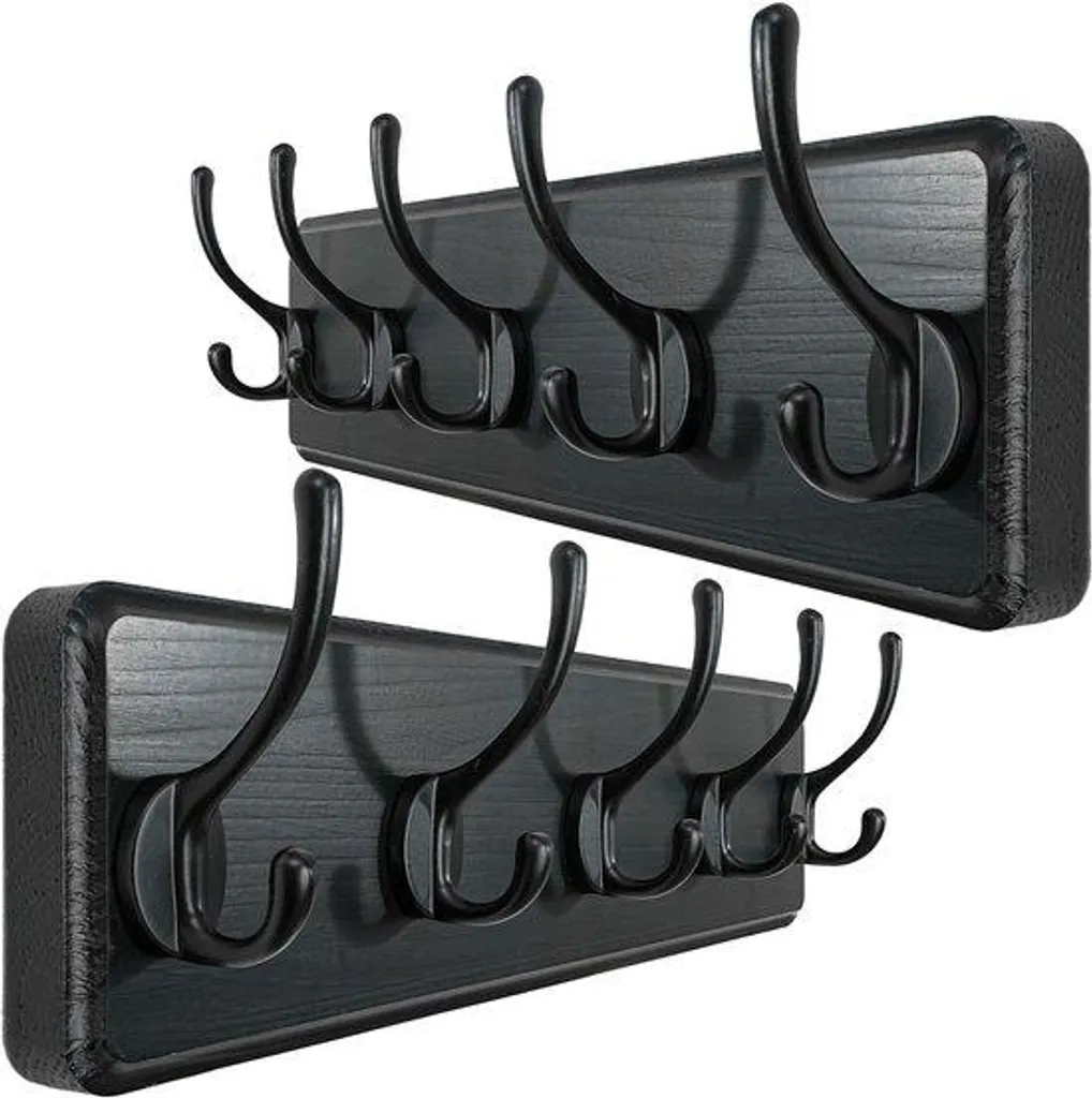 Lot de 2 porte-manteaux muraux à 5 crochets en acier noir robuste