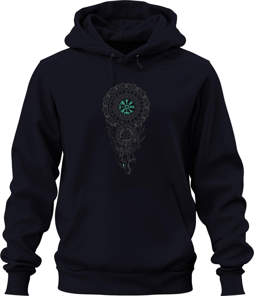 Vegvisir Wikinger Kompass nordisch Runenkreis Valknut Fenris Wolf Uni Hoodie Kapuzenpullover, Navy, XL