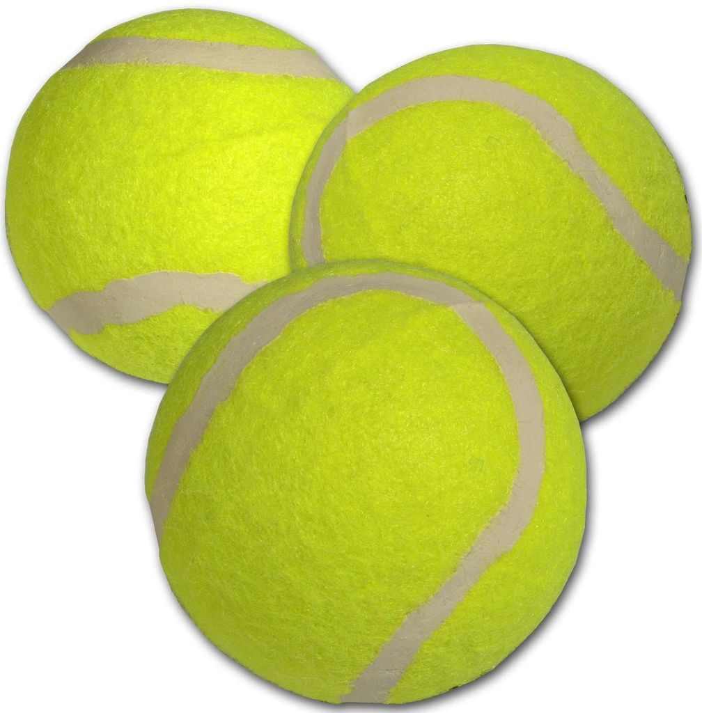 Three yellow tennis balls are arranged in a cluster against a white background.