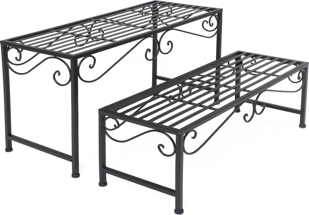 Two black metal plant stands of different heights are shown against a white background.