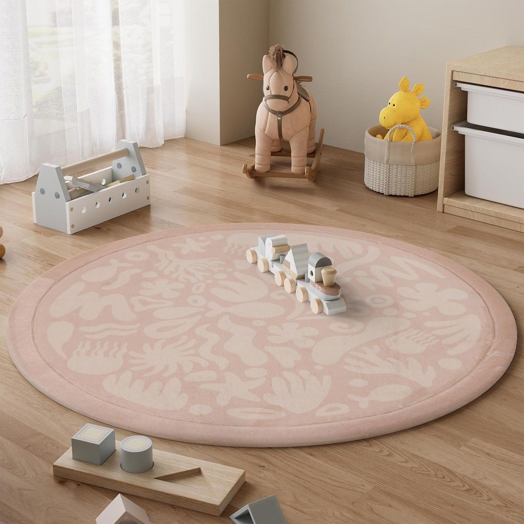 Litlle Olly - Waschbare Spielmatte Rund - Flo Rosa - Ø 200cm - Kinderzimmer, Babyzimmer