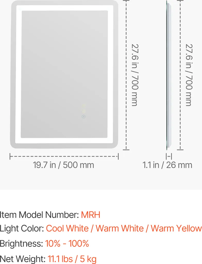 VEVOR Specchio LED Bagno 50x70 cm Dimmerabile | Top Qualità Prezzo - 7