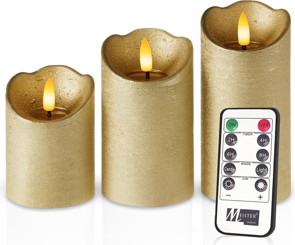 Meisterhome LED Stumpenkerzen 3er-Set - LED Kerzen – Flammenlose Kerzen im Rustik-Design – Ø 7,5 cm, Höhen 10/12,5/15 cm – Warmweißes fl...