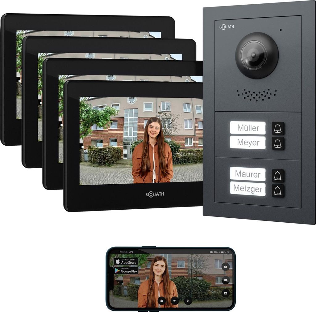 A collage of a video intercom system, including indoor monitors, an outdoor unit, and a smartphone displaying the app interface.