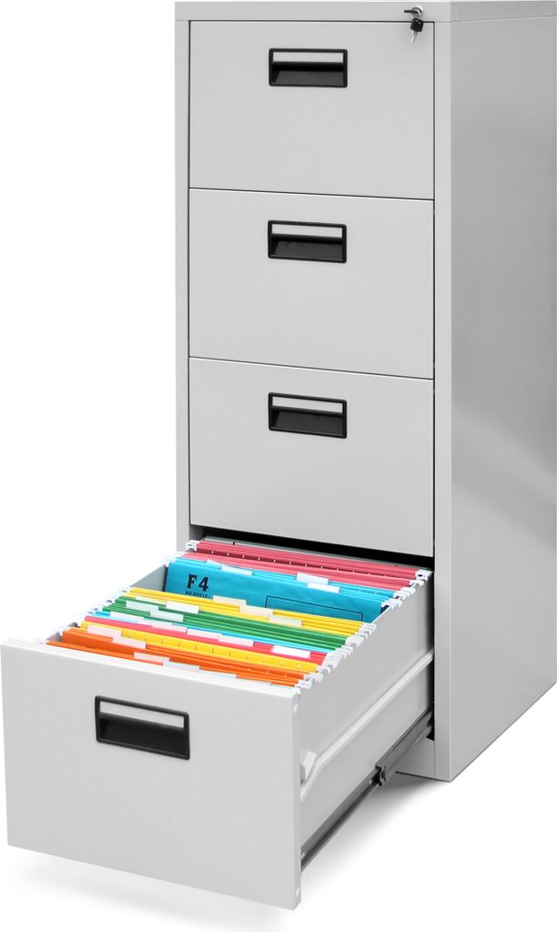 A gray metal filing cabinet with four drawers, one of which is open and filled with colorful hanging files.