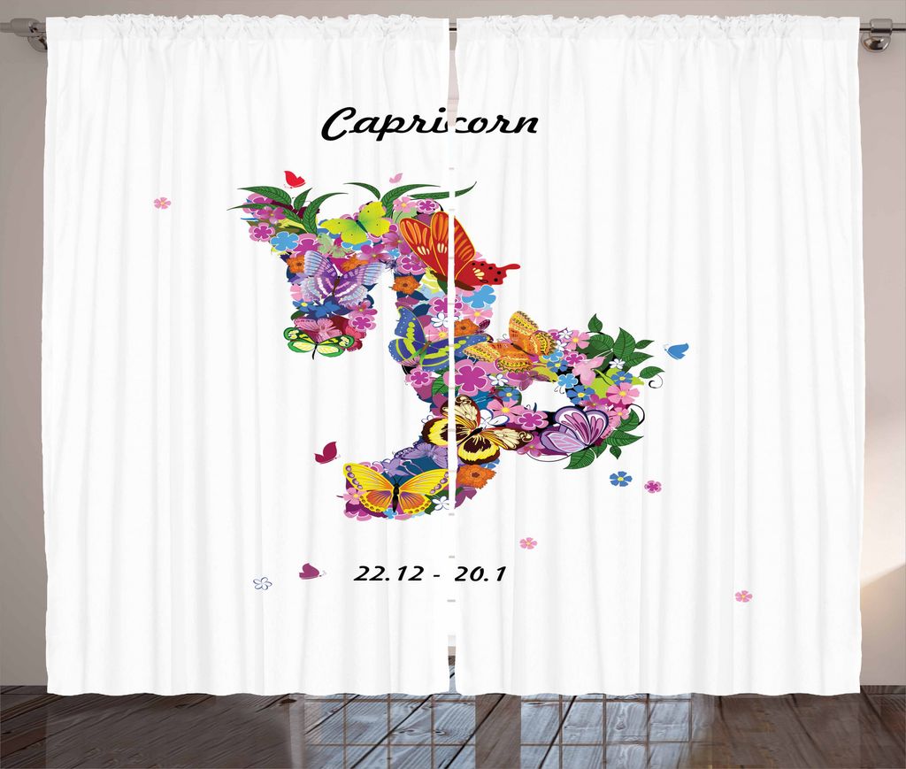 ABAKUHAUS Sternzeichen Steinbock Rustikaler Gardine, Laub Schmetterling, Schlafzimmer Kräuselband Vorhang mit Schlaufen und Haken, 280 x 175 cm, M...
