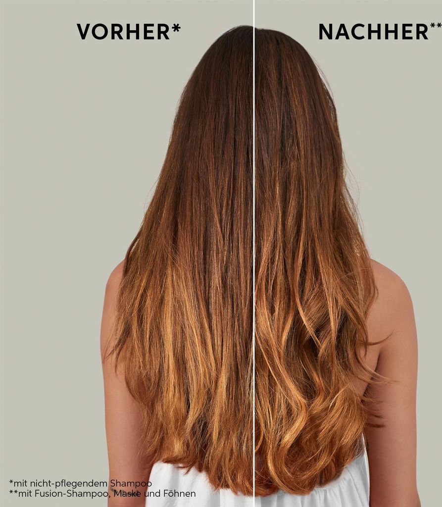 A split image showing a person's hair before and after using a hair product. The left side shows the hair before treatment, appearing dry and frizzy. The right side shows the hair after treatment, appearing smoother and more voluminous.