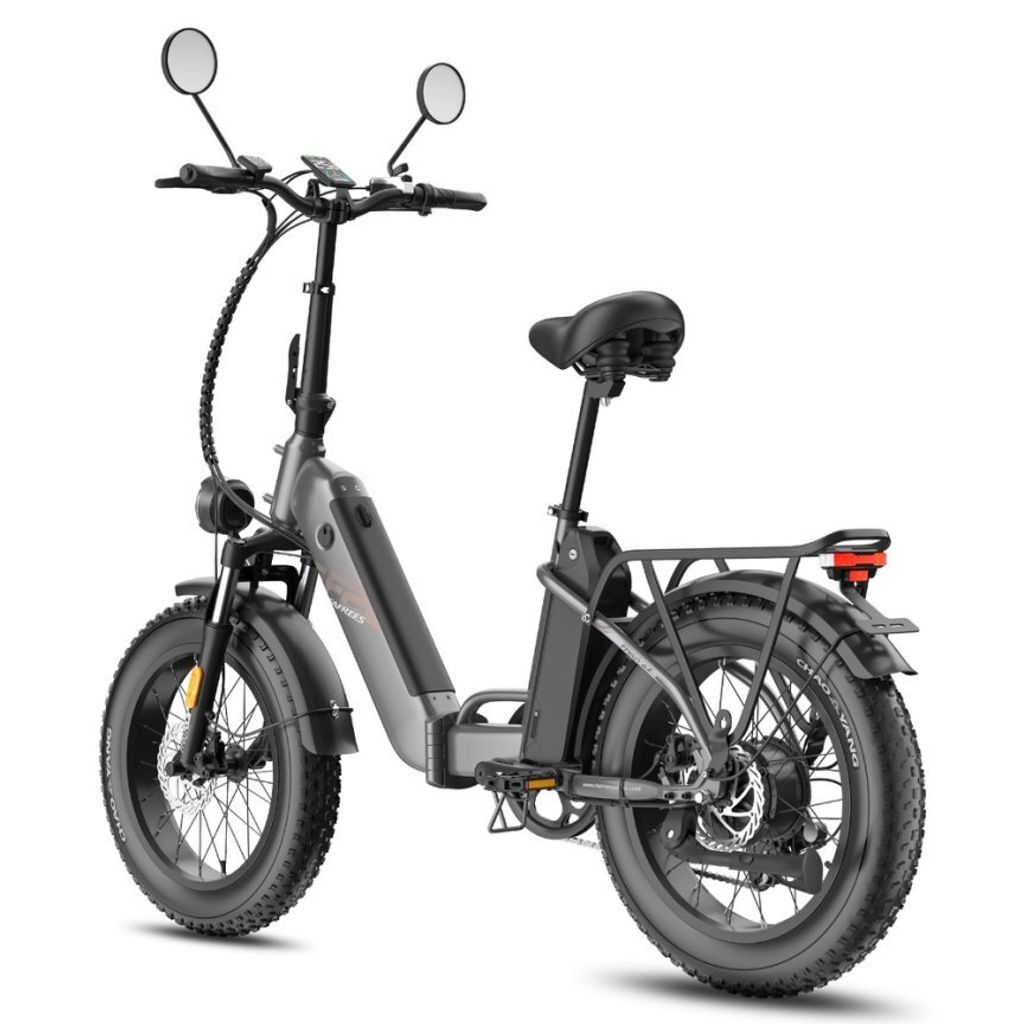 A studio shot of a gray electric fat bike with black accents, presented on a white background.