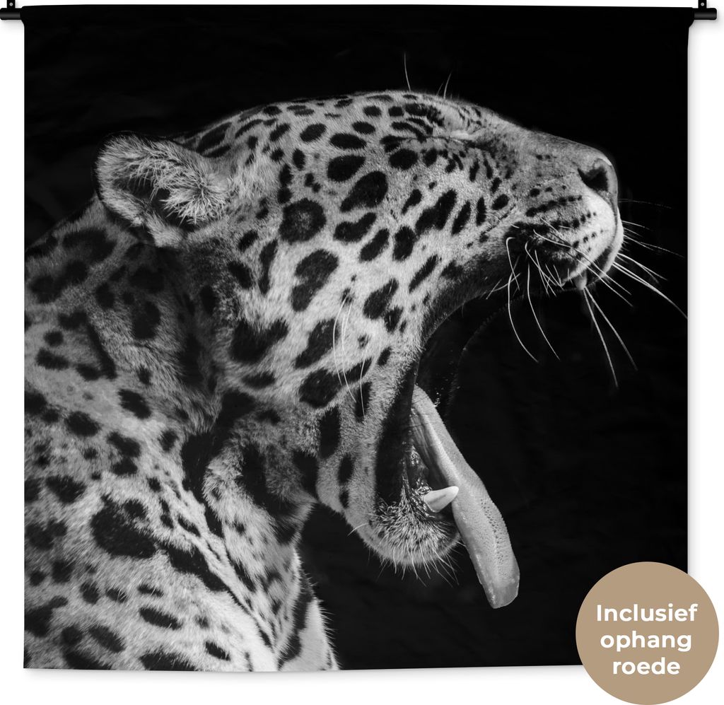 MuchoWow Wandteppich Wandbehang Jaguar - Tier - Schwarz - Weiß 120x120 cm Tapisserie Dekoration Wandtuch - Modern - Baumwollgewebe