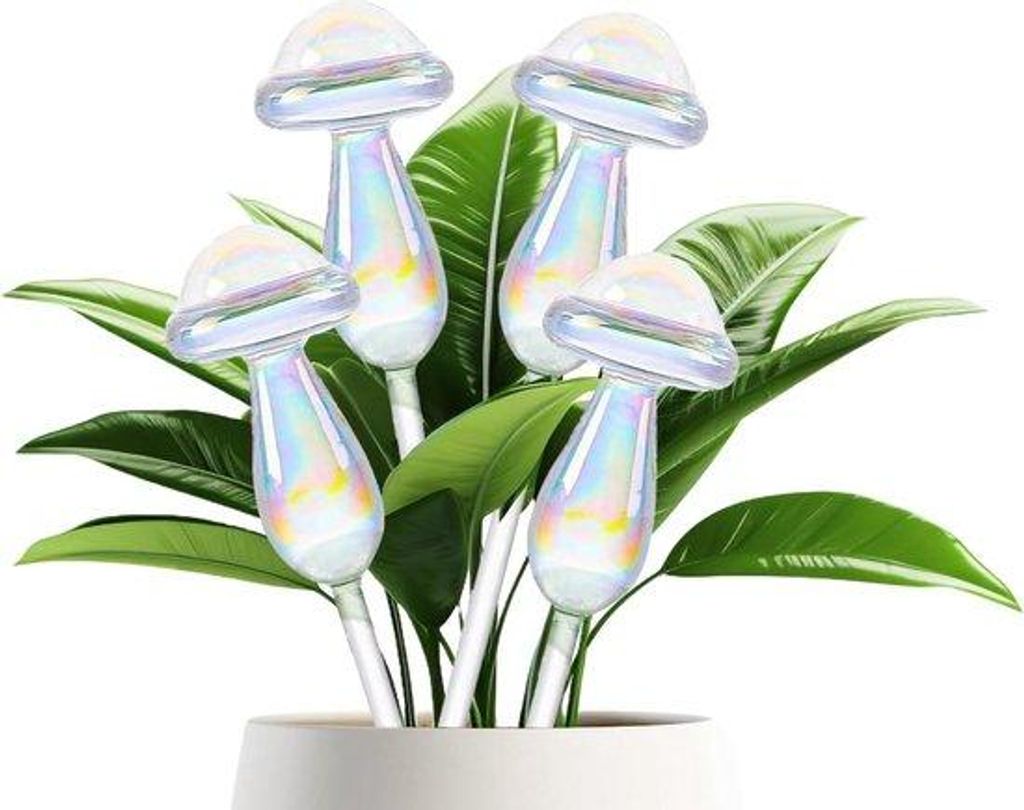 Kunststof irrigatieballen in regenboogkleurverloop met paddenstoel design, reflecterend, 4-teilig, für Zimmerpflanzen, Balkon und Garten.