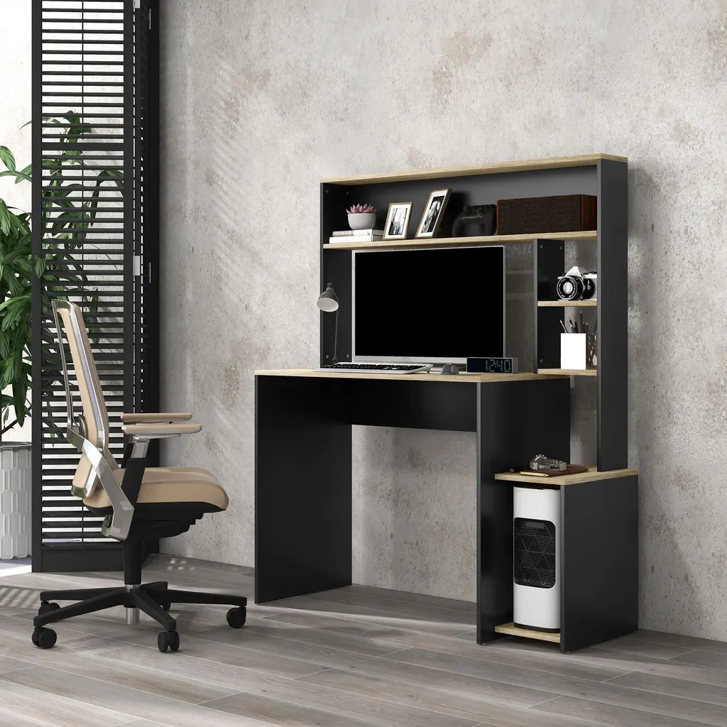 Bureau pour Étudiant avec Rangements - Table de Travail Gris/Naturel