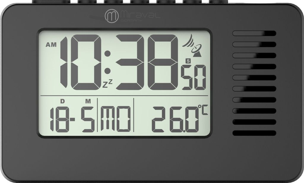 A digital alarm clock displaying the time, date, and temperature.