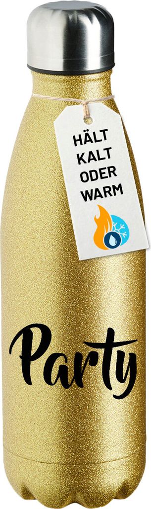 Huuraa Trinkflasche Party Schriftzug 500ml Gold Edelstahl Wasserflasche Trinkflasche Geschenkidee