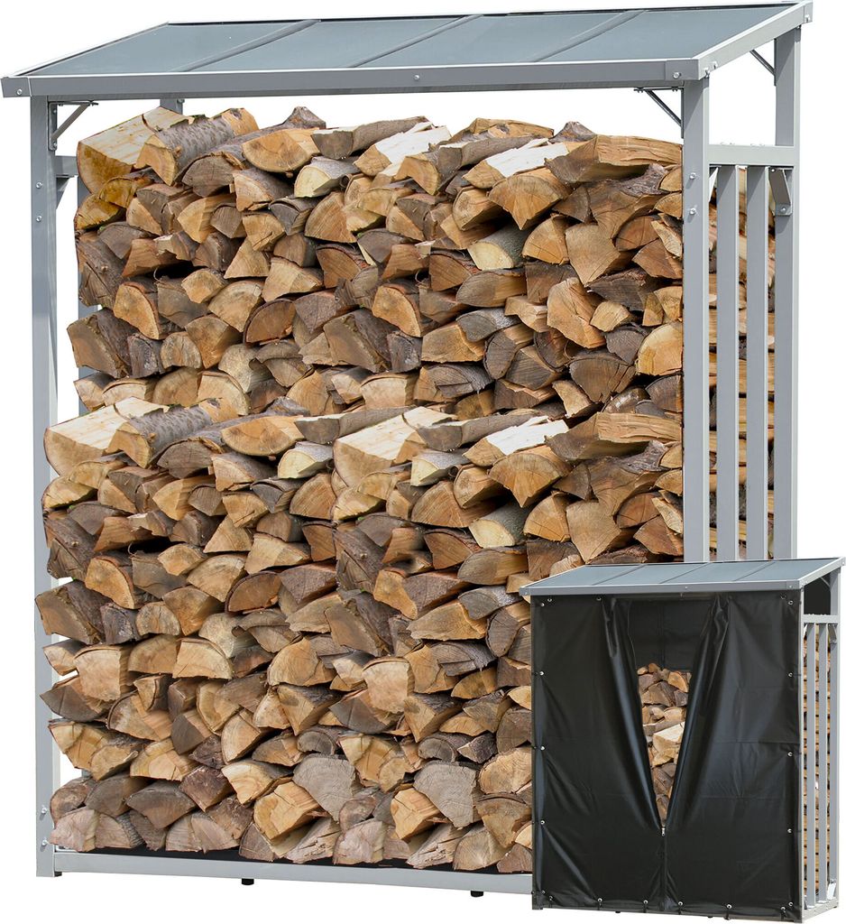Aluminium Kaminholzregal Außen 130 x 70 x 185 cm Mit Wetterschutz Schwarz, Pro - 40 mm Aluprofil, Grau, Wetterfest, Kapazität 1,6 m³ (2,5 SRM), ...