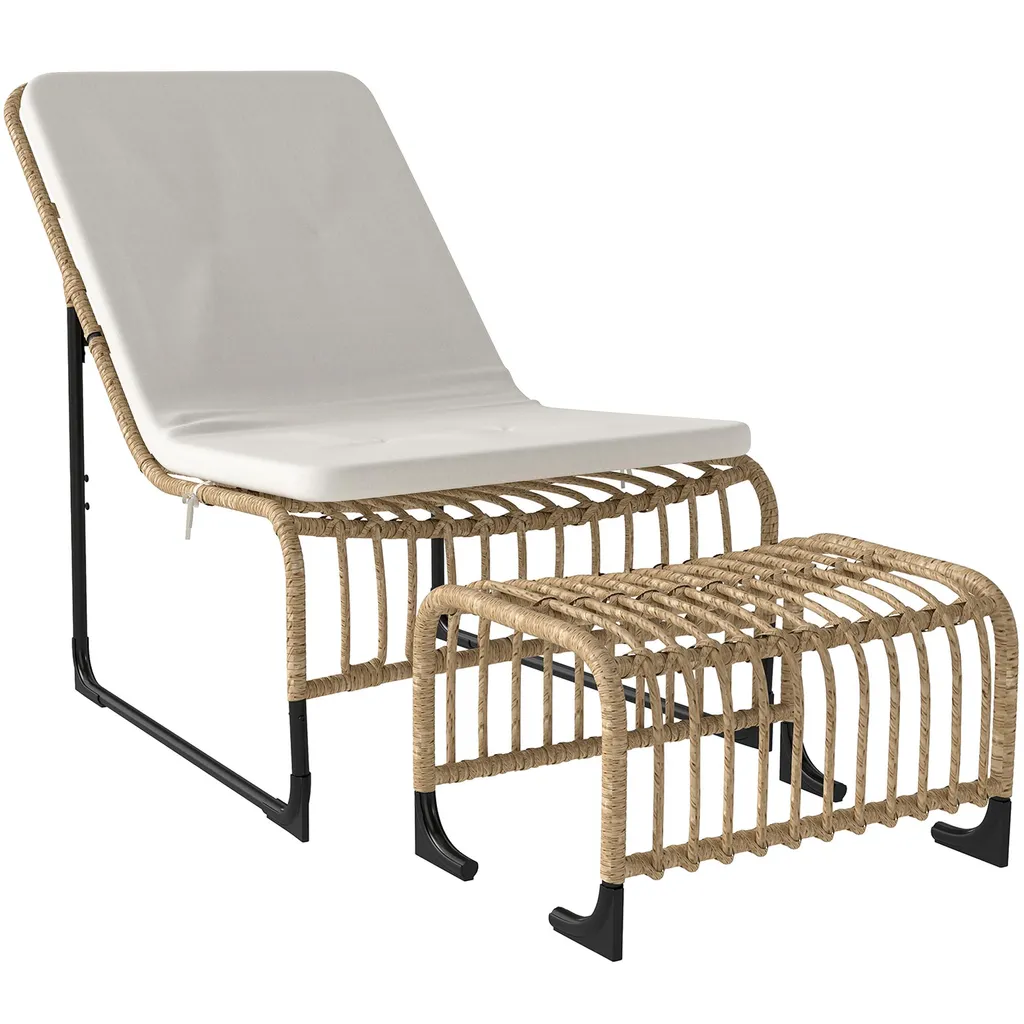 Outsunny sedia reclinabile in rattan con poggiapiedi Sedia da giardino resistente ai raggi UV con cuscini cinghie sedia da giardino in rattan da esterno in legno naturale
