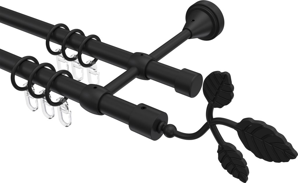 Interdeco Gardinenstange / Vorhangstange Schwarz, Typ Primus Alessia (Blatt), 16 mm Ø 2-läufig, 260 cm