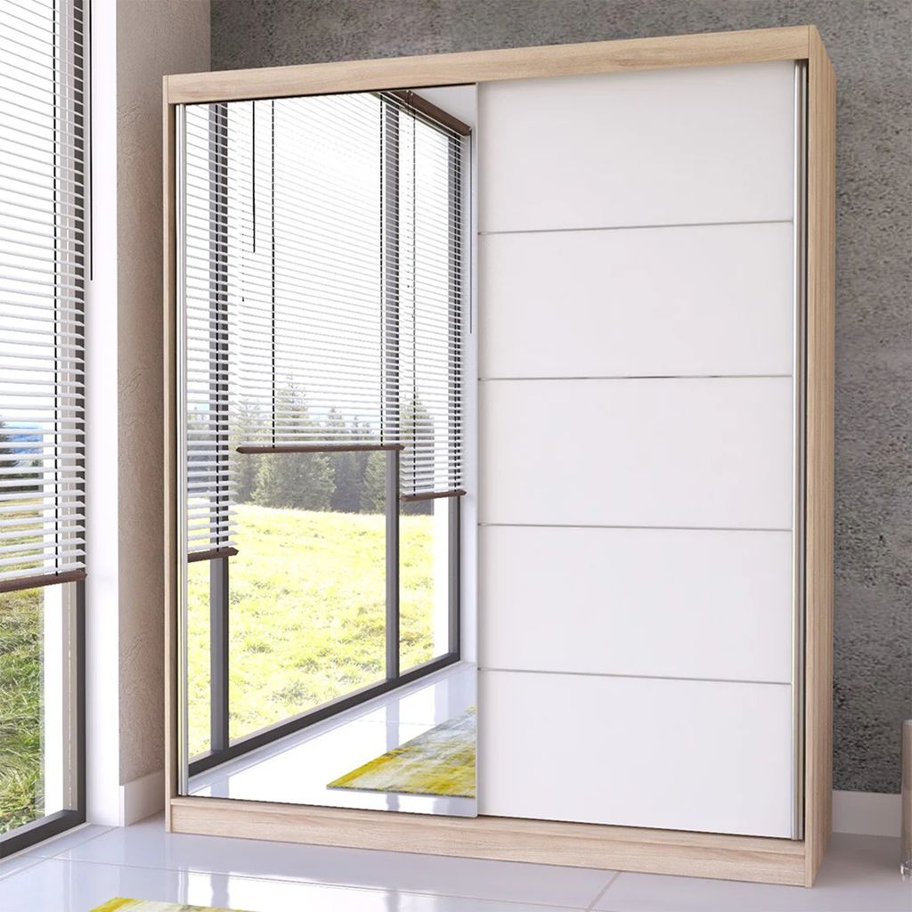 Schwebetürenschrank mit Spiegel in Sonoma Eiche/Weiß
Breite:	183 cm
Höhe: 218 cm	
Tiefe: 61 cm