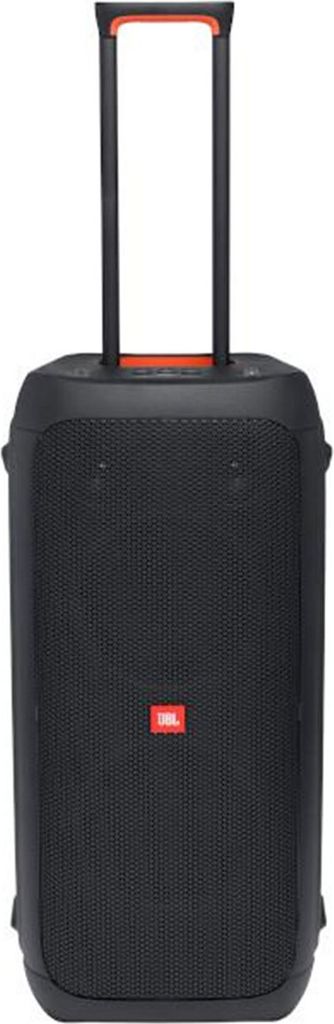 A black JBL PartyBox 310 Bluetooth speaker with an orange handle and retractable pull-up handle.