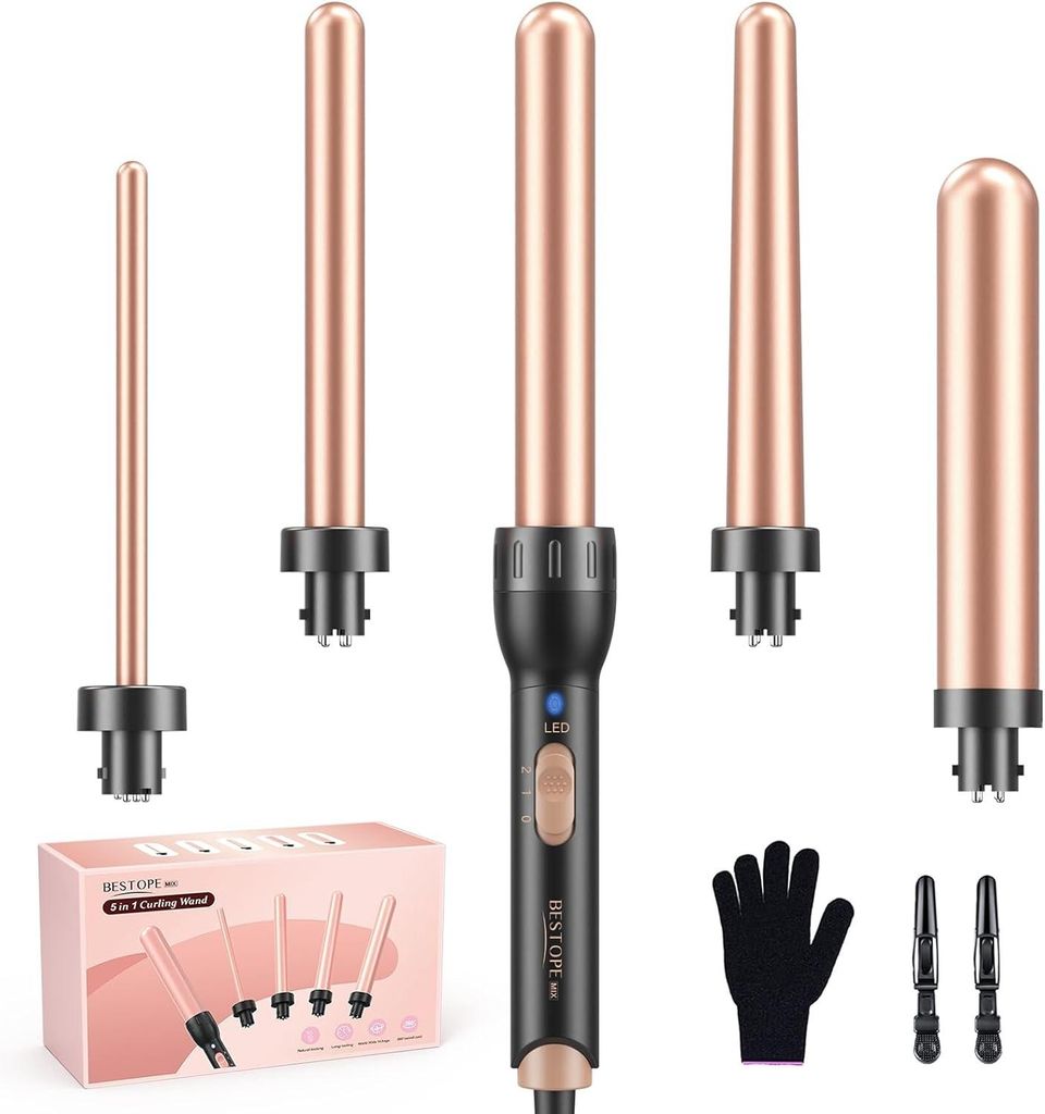 Lockenstab,5 in 1 Keramik mit Verschiedenen Aufsätzen für Große Kleine Locken,9-32mm Schnellaufheizung 2 Einstellbare Temperatur für Lange kurz...