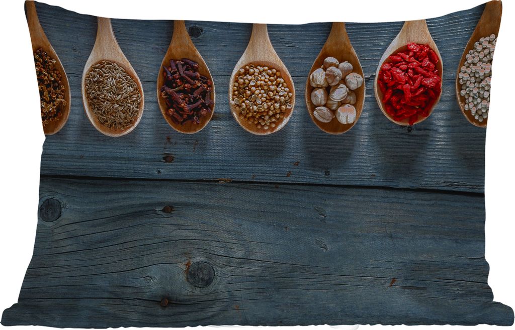 MuchoWow Outdoor Kissen - Gewürze - Löffel - Holz - Küche - Gewürze - Industrie - 50x30 cm - Wetterfest - Lounge Kissen - Sofa kissen - Wohnz...